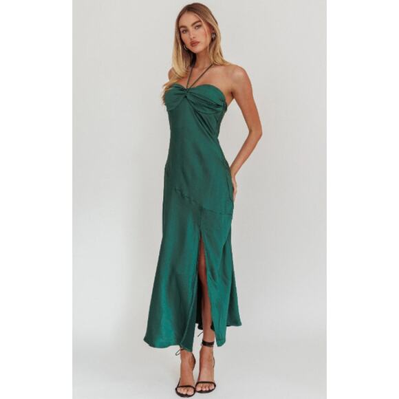 Selfie Leslie Dresses & Skirts - Selfie Leslie Halter Strap Gathered Satin Midi Dress Forest Green Large